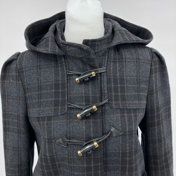 H&M Gray Plaid Wool Blend Hooded Jacket sz 6 Dark Academia Preppy Pleats - Picture 3 of 8
